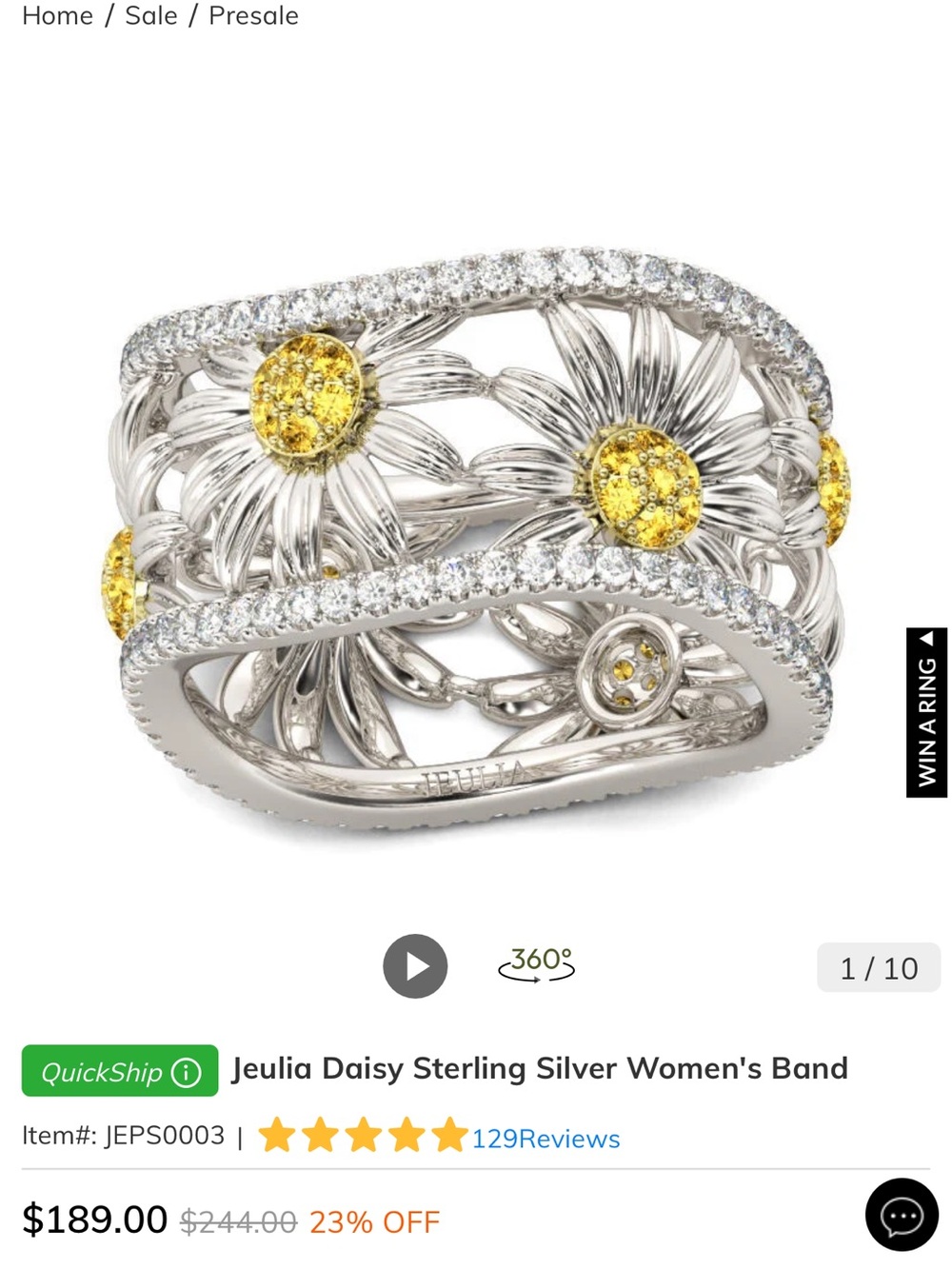 Jeulia sunflower Sterling Silver Women's Ring in Yellow and Silver, size 7